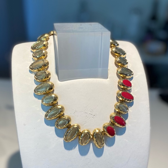 Fashionable Two Toned Gold & Silver w/ Red Accents Chunky Necklace - Picture 7 of 7